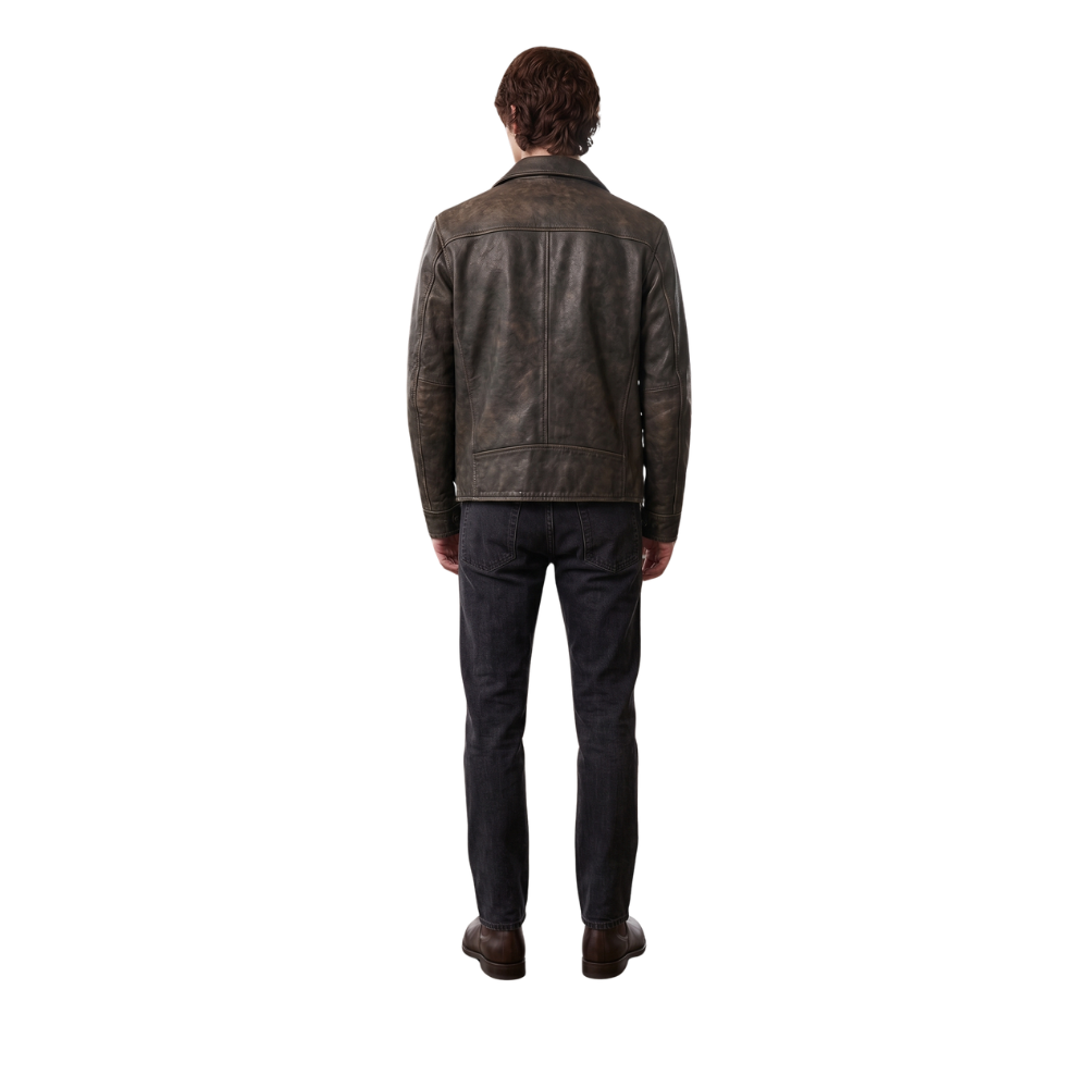 Men's brown leather jacket back view with dark jeans and boots