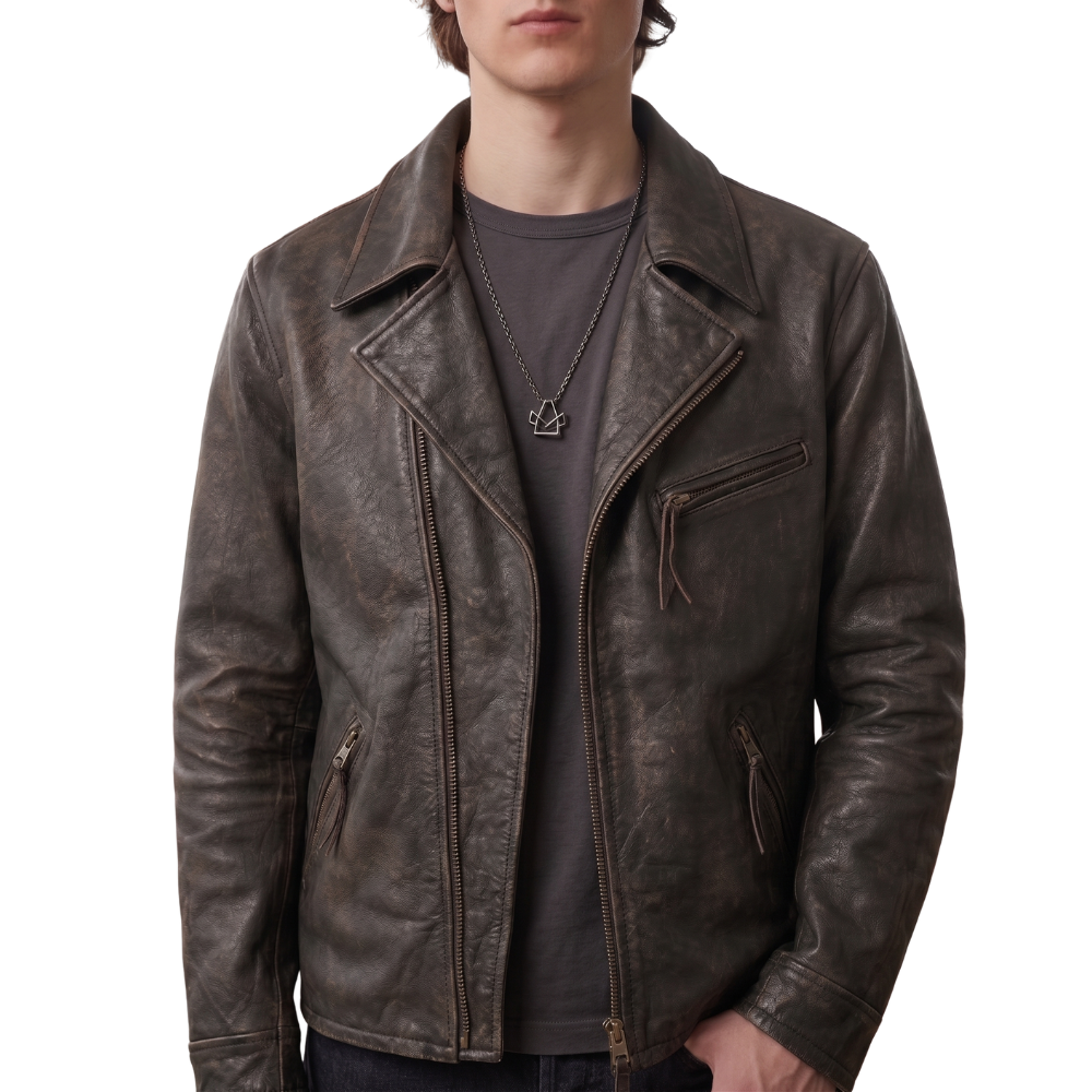 Men's distressed brown leather biker jacket with zipper pockets and lapel collar