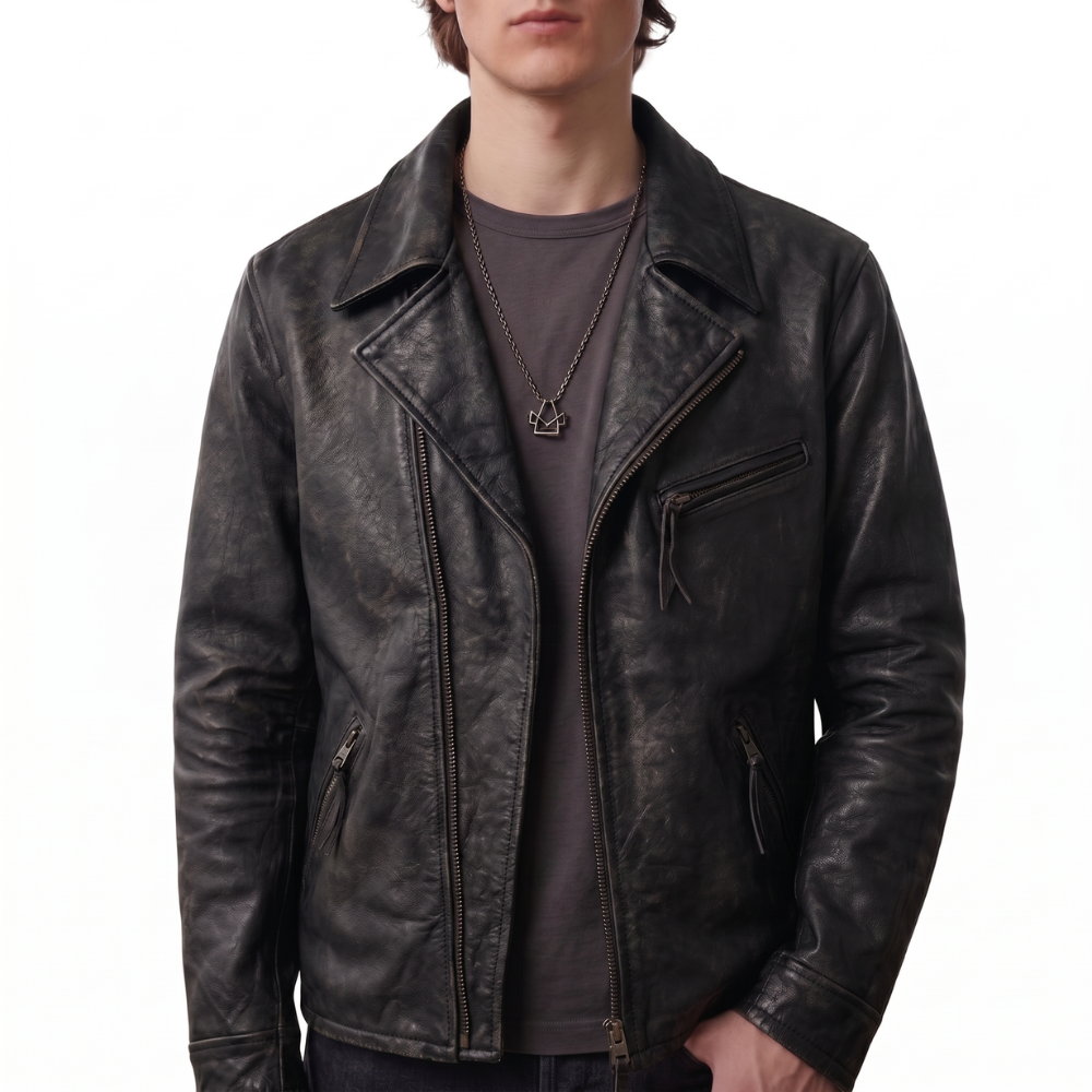 Men's distressed black leather moto jacket with zippered pockets and collar detail