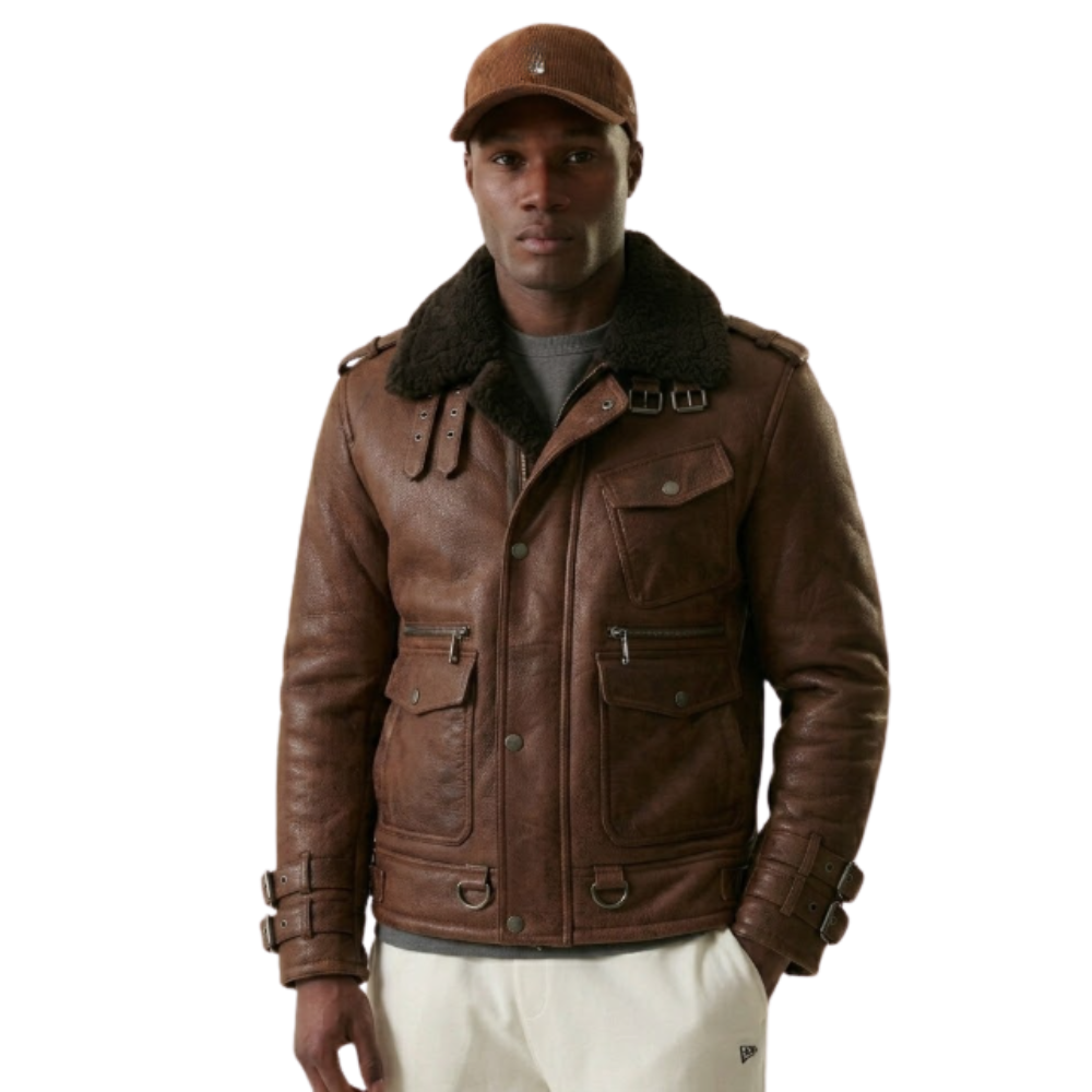 Brown leather aviator jacket with shearling collar, front pockets, and adjustable cuffs for men