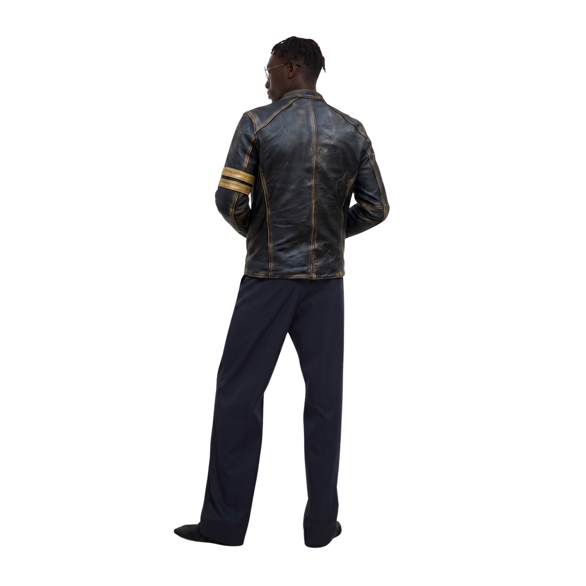 Men's distressed black leather jacket with gold stripe sleeves, back view