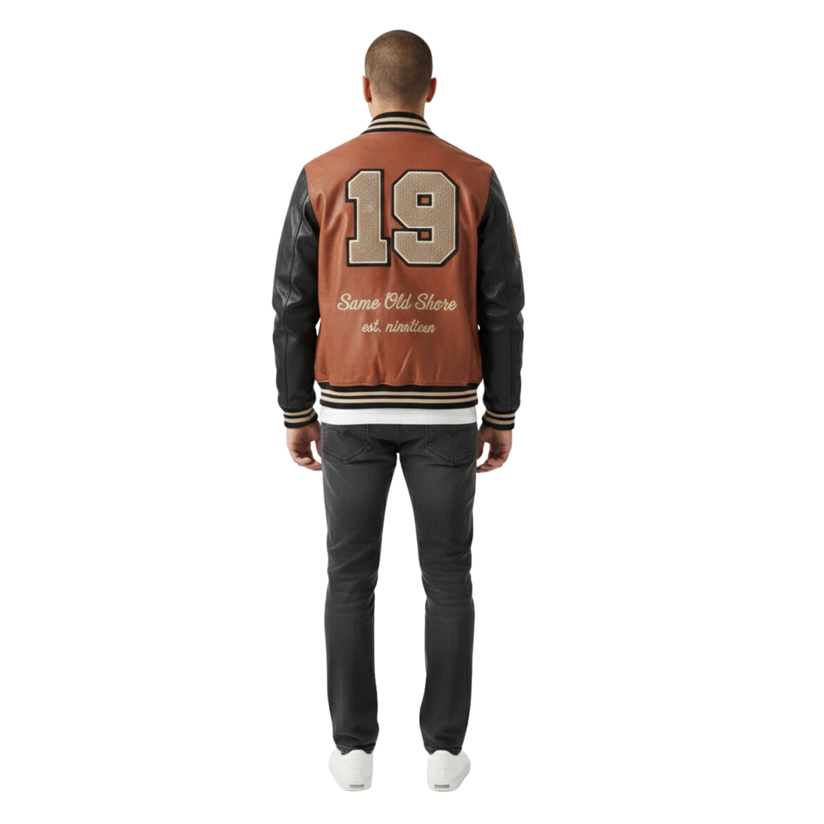 Men's varsity jacket with '19' and 'Same Old Shore' back print, leather sleeves, college style