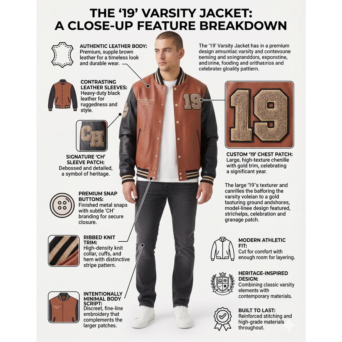 Men's '19' varsity jacket with brown leather body, black sleeves, and custom chest patch, featuring snap buttons and ribbed trim.