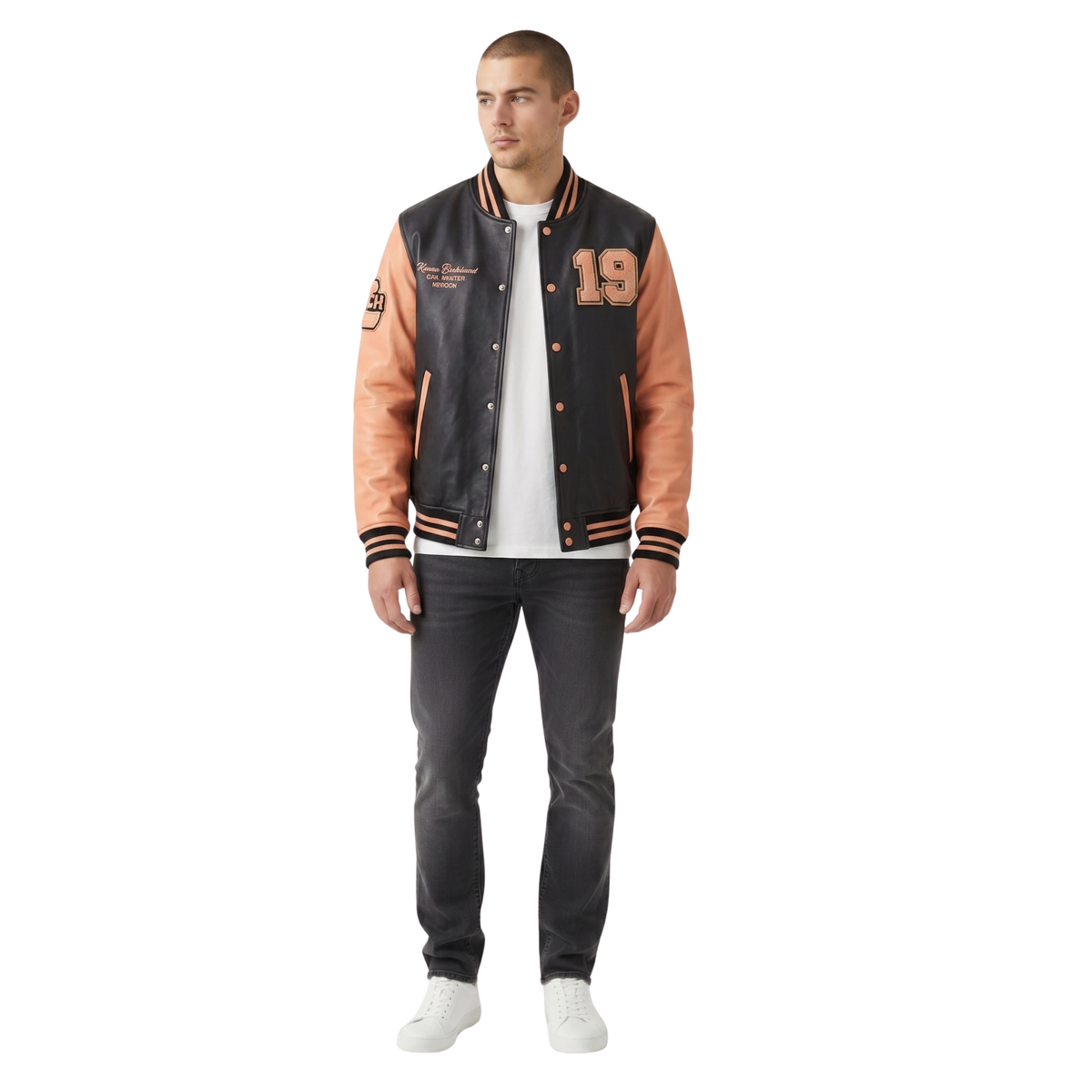 Men's black and tan varsity leather jacket with number 19, ribbed cuffs, and embroidered details