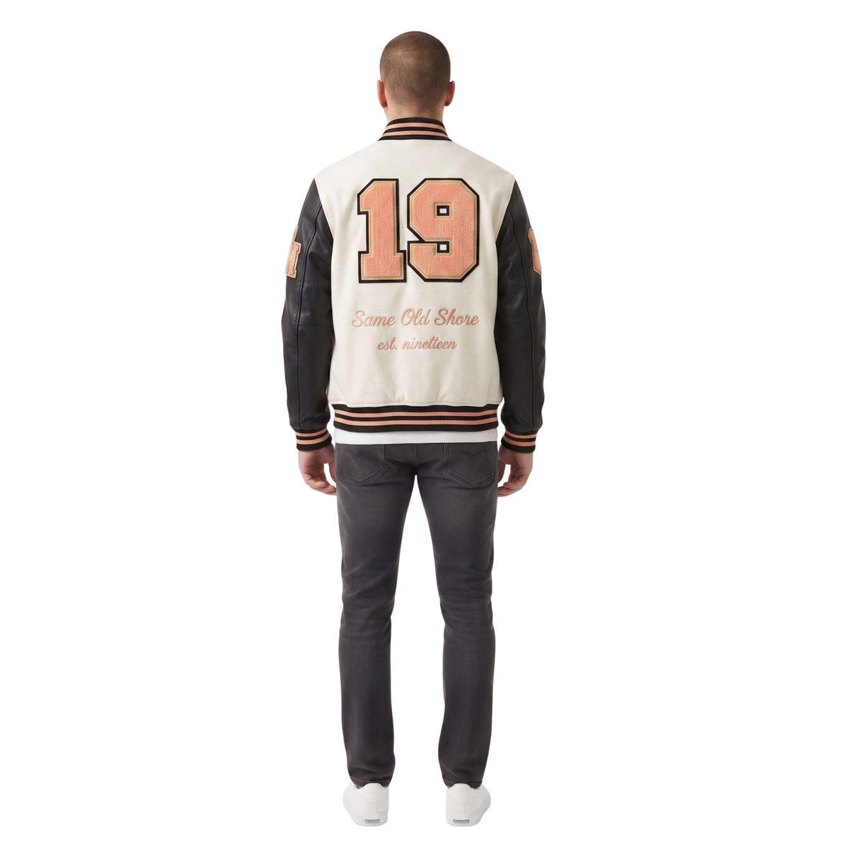 Men's varsity jacket with '19' and 'Same Old Shore' back print, leather sleeves, cream body, striped trim