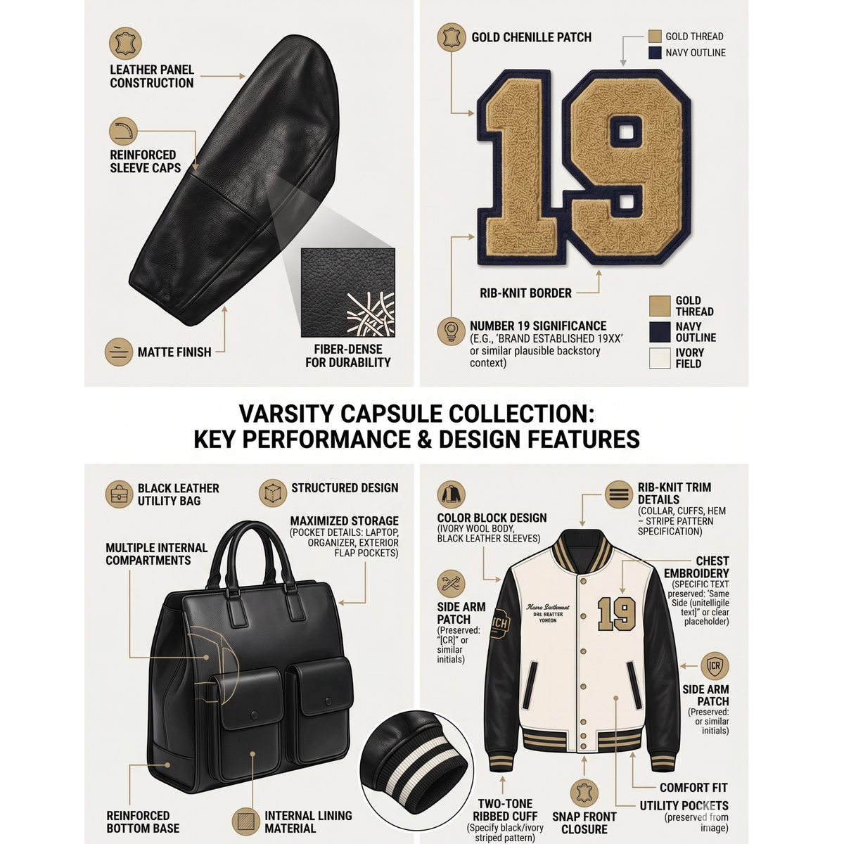 Varsity capsule collection featuring leather utility bag, embroidered jacket with number 19 patch, and design details