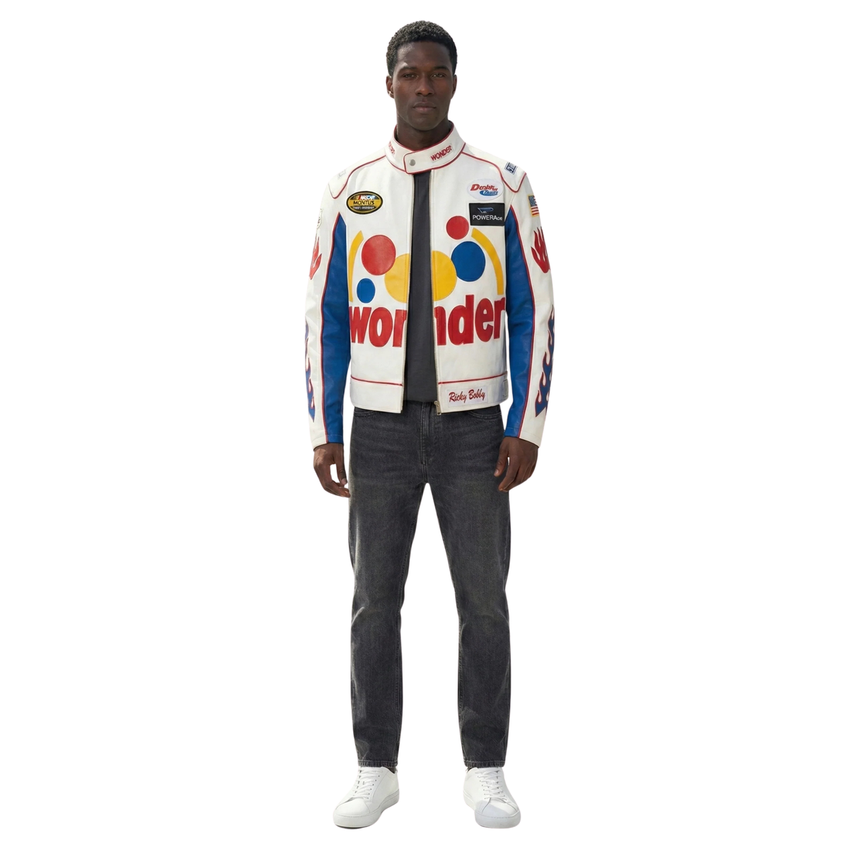 Man wearing white and blue racing jacket with Wonder Bread logo, colorful circles, and sponsor patches, paired with dark jeans and white sneakers