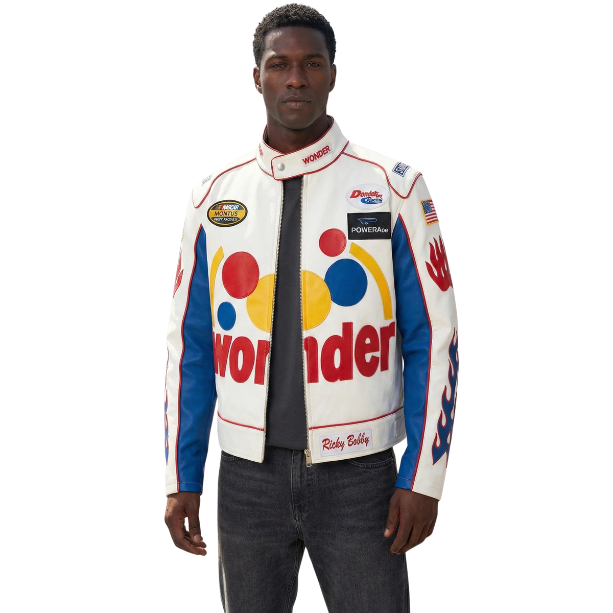 Man wearing white and blue racing jacket with Wonder Bread logo, flame designs, and NASCAR patches