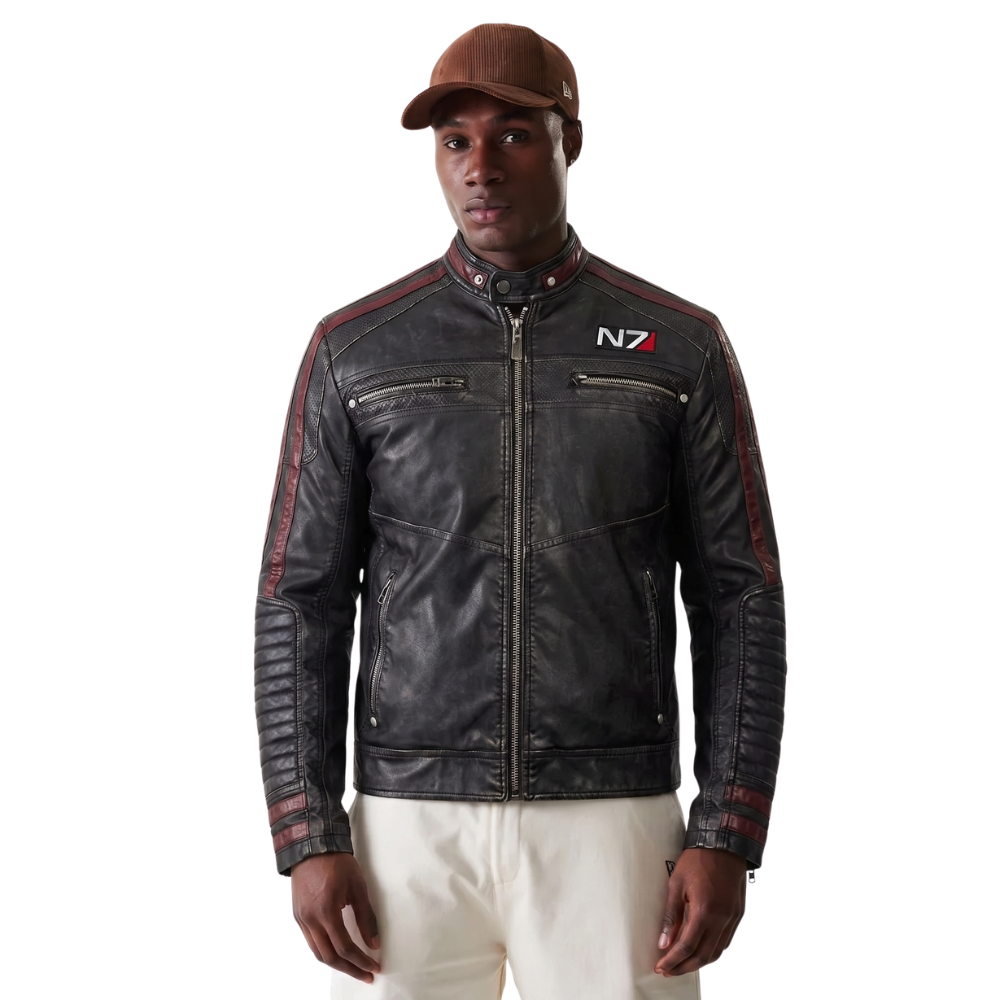 Black leather jacket with N7 logo, red accents, and zipped pockets, paired with beige pants and a brown cap