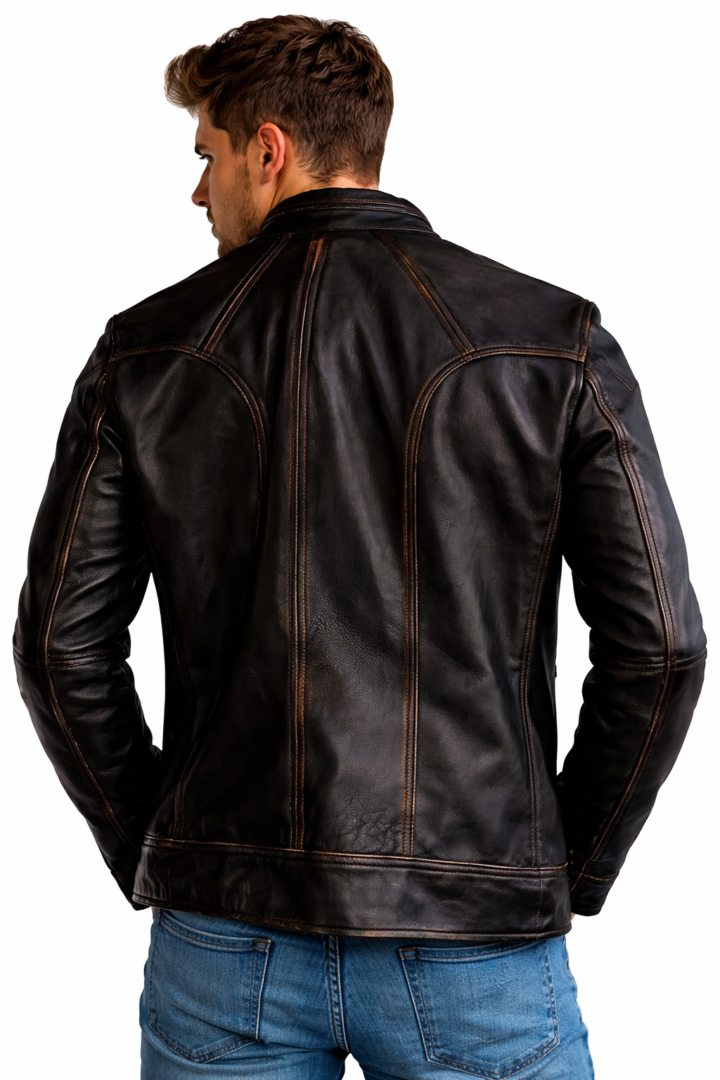 back view brown genuine leather biker jacket