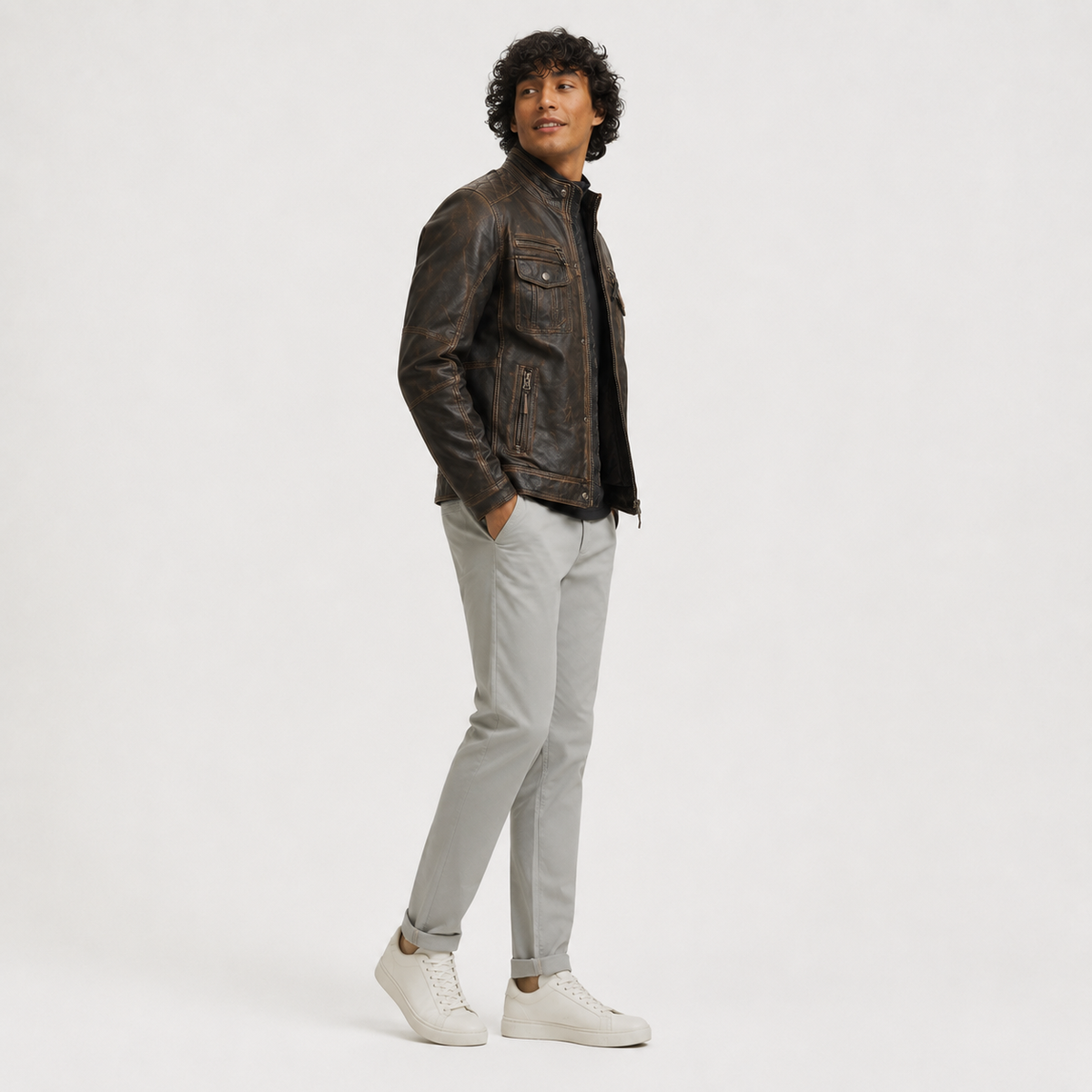 Man wearing distressed brown leather jacket with front pockets, light gray pants, and white sneakers