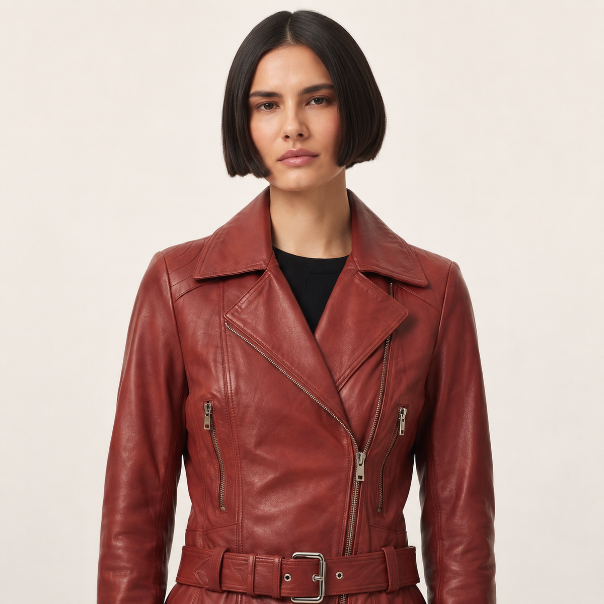 Women's red leather biker jacket with belt and zippers