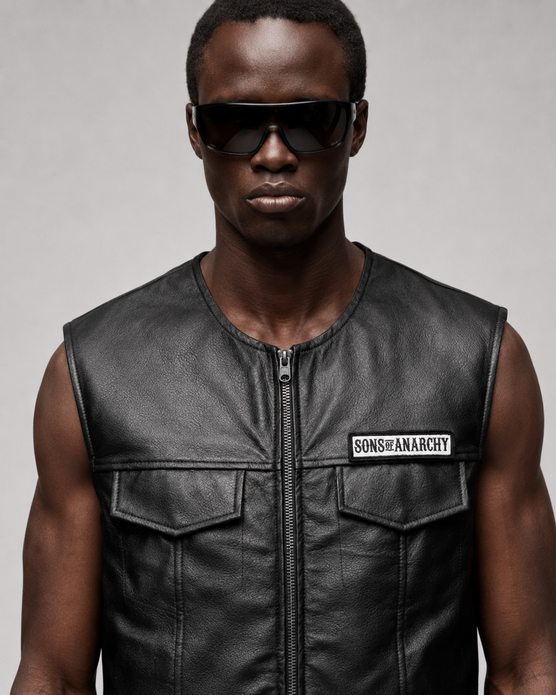 Men's black leather vest with Sons of Anarchy patch, front zipper, and pockets, styled with sunglasses