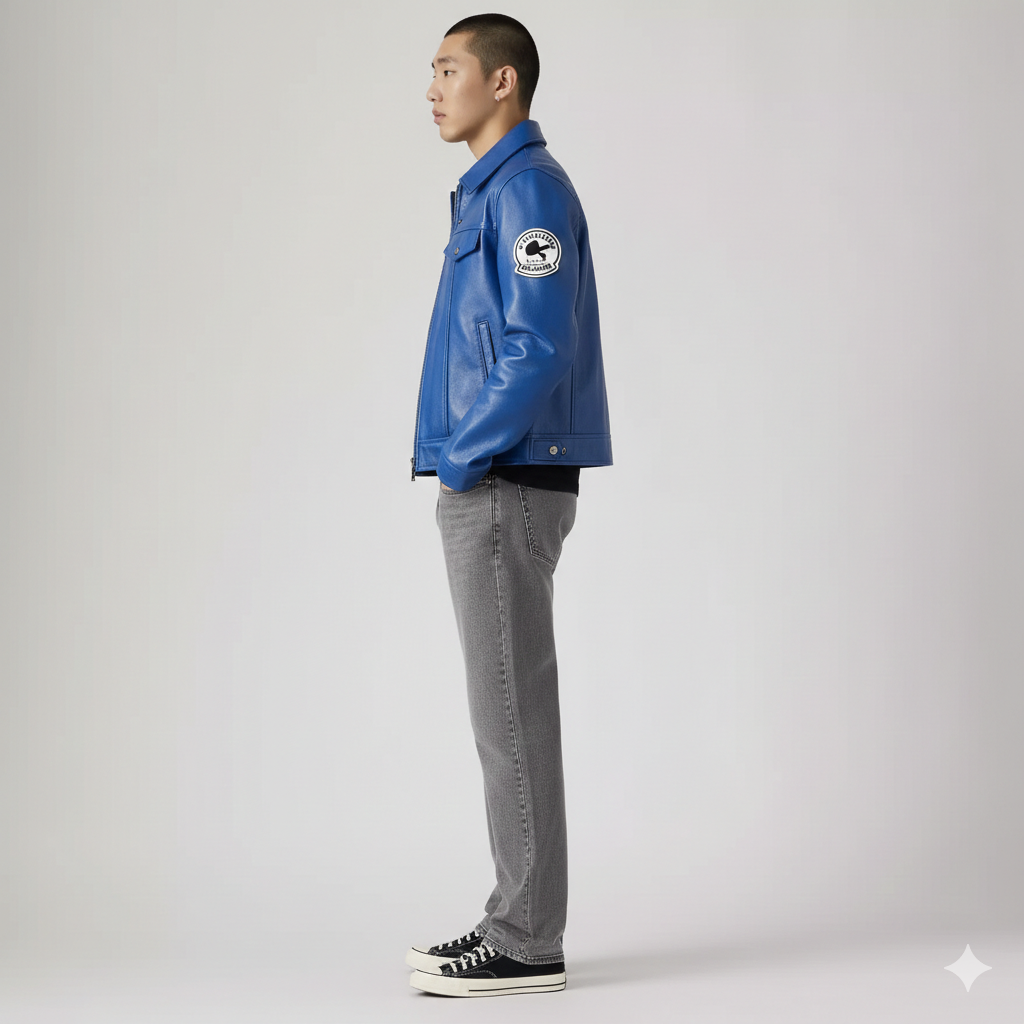 Man wearing blue leather jacket with patch, gray jeans, and black sneakers