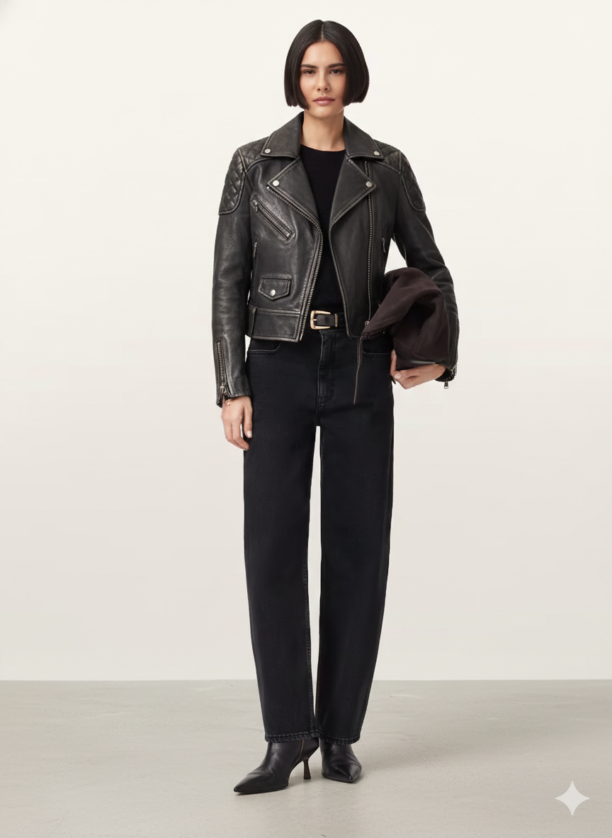 Woman in black leather moto jacket, wide-leg jeans, and heeled boots, holding a brown bag