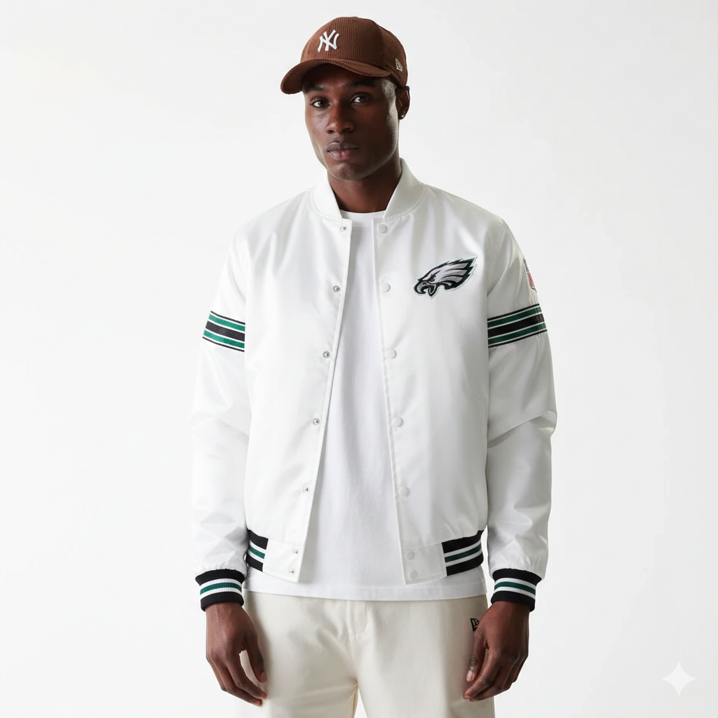 White Philadelphia Eagles varsity jacket with green and black stripes, worn with NY cap