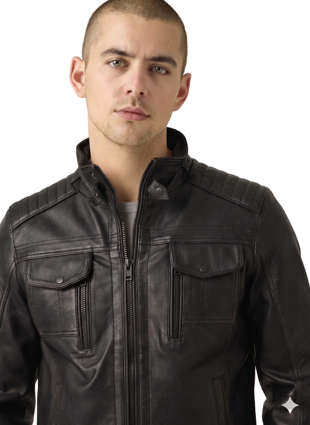 Men's black leather jacket with zippered pockets and quilted shoulders