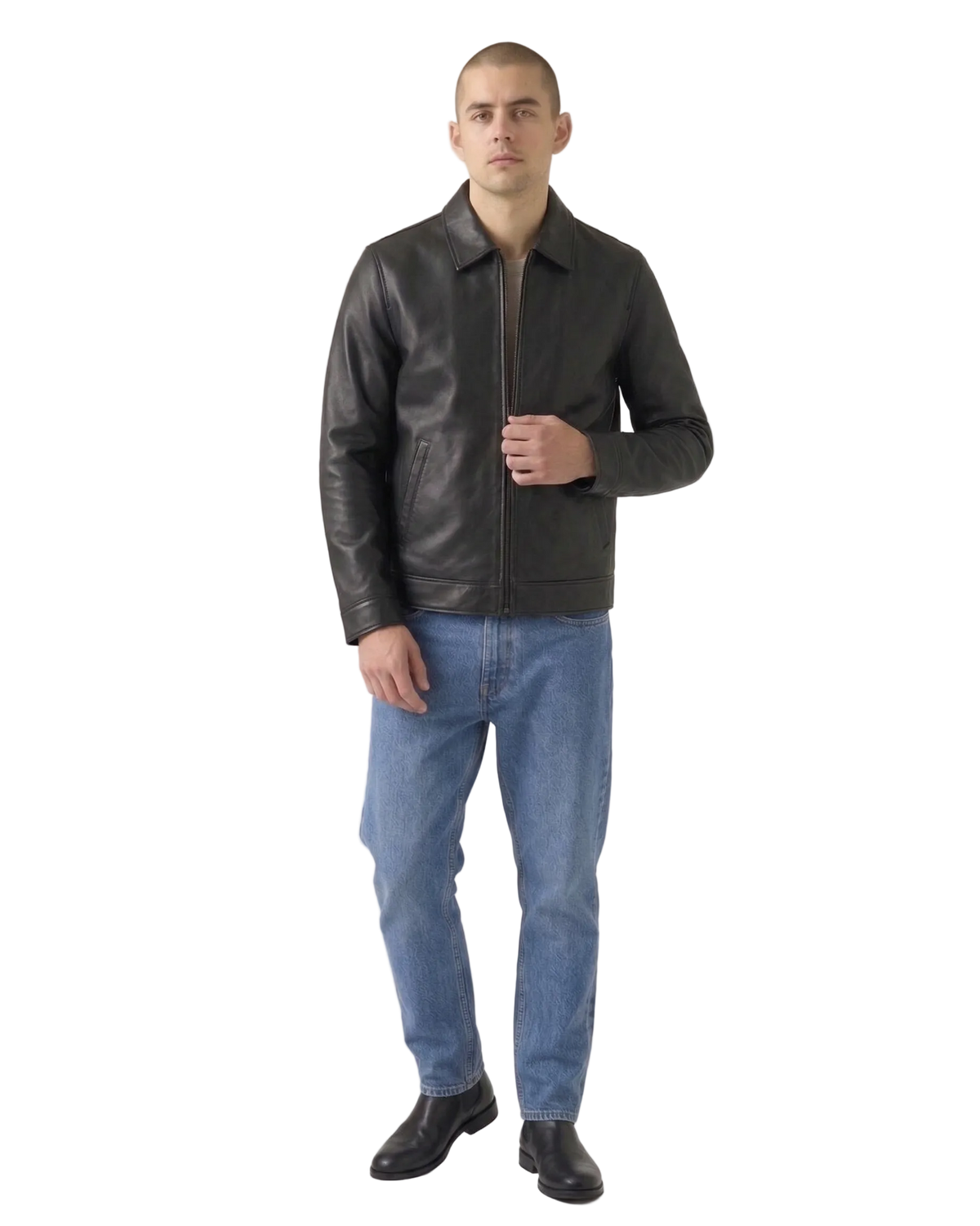 Men's black leather jacket with zipper front, paired with blue jeans and black boots for casual style.