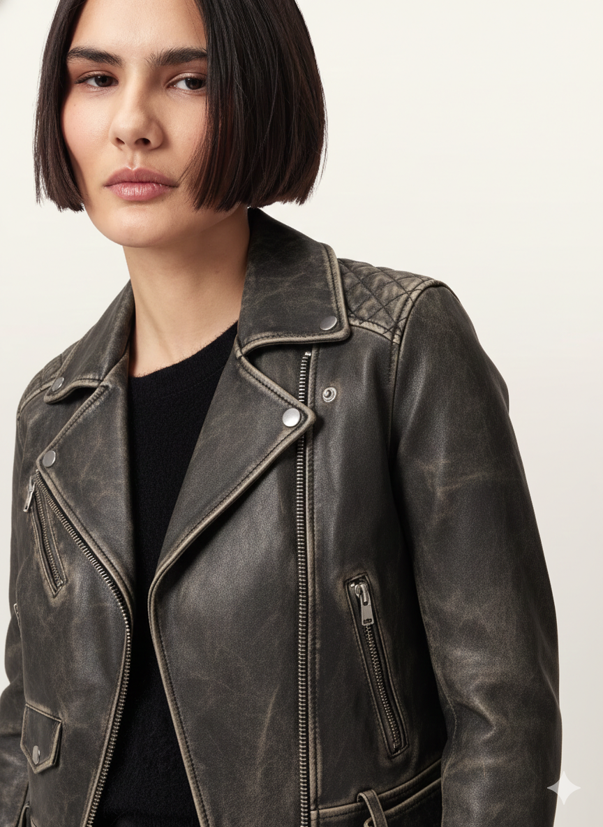 Women's distressed leather moto jacket with quilted shoulders and zippers