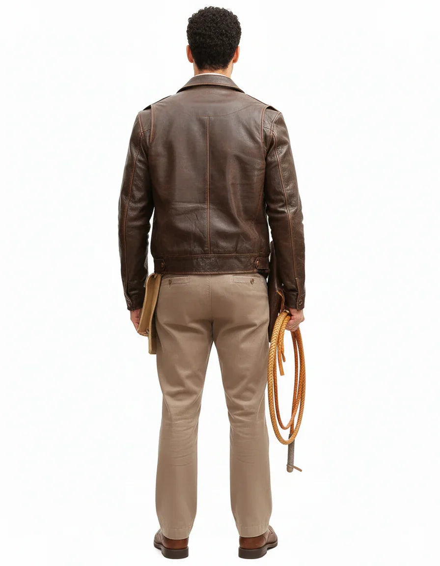 Man wearing brown leather jacket, beige pants, holding rope, back view