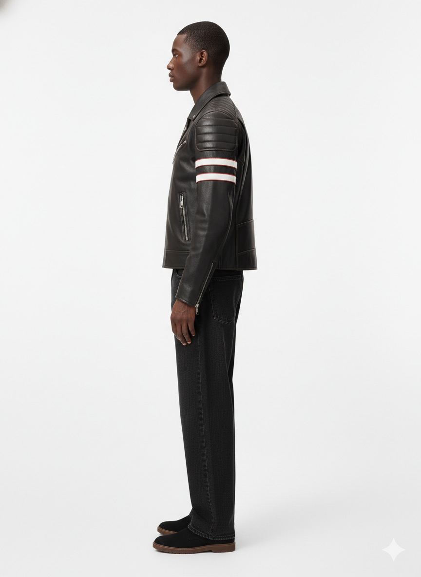 Man in black leather moto jacket with white stripes, paired with dark jeans and casual shoes