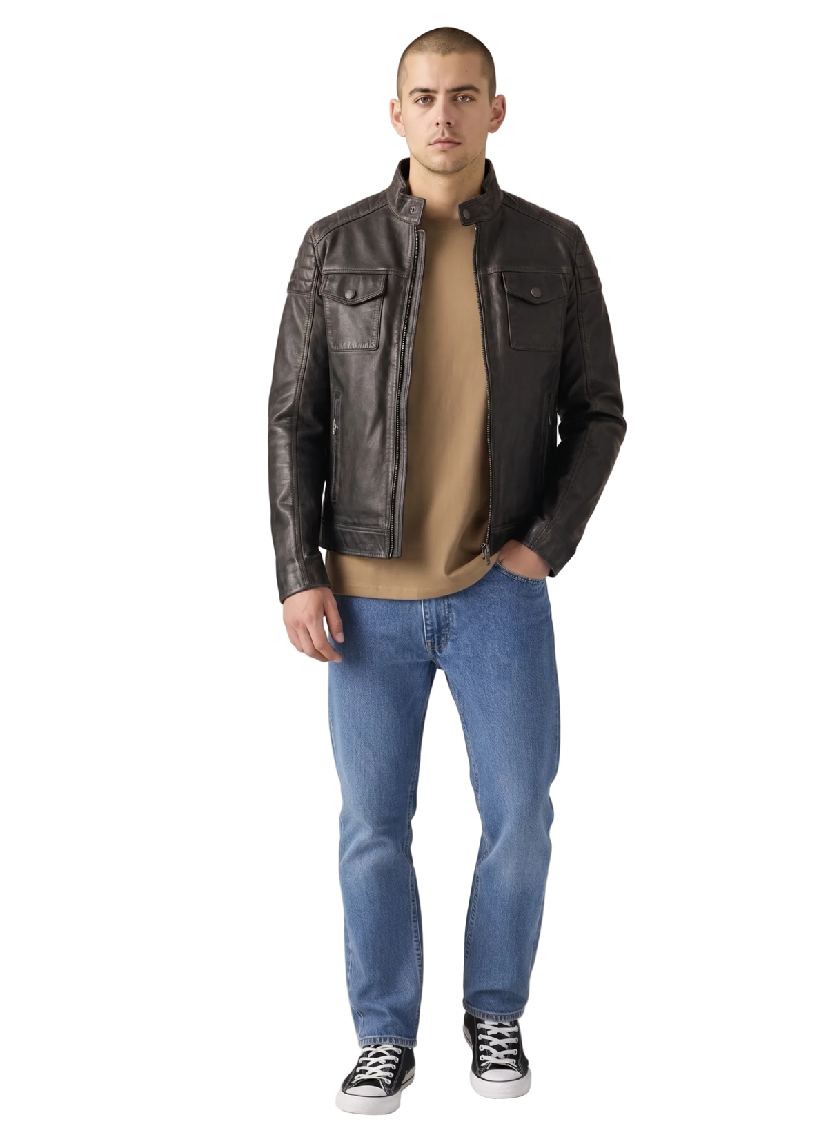 Man wearing dark brown leather jacket, beige shirt, blue jeans, and black sneakers