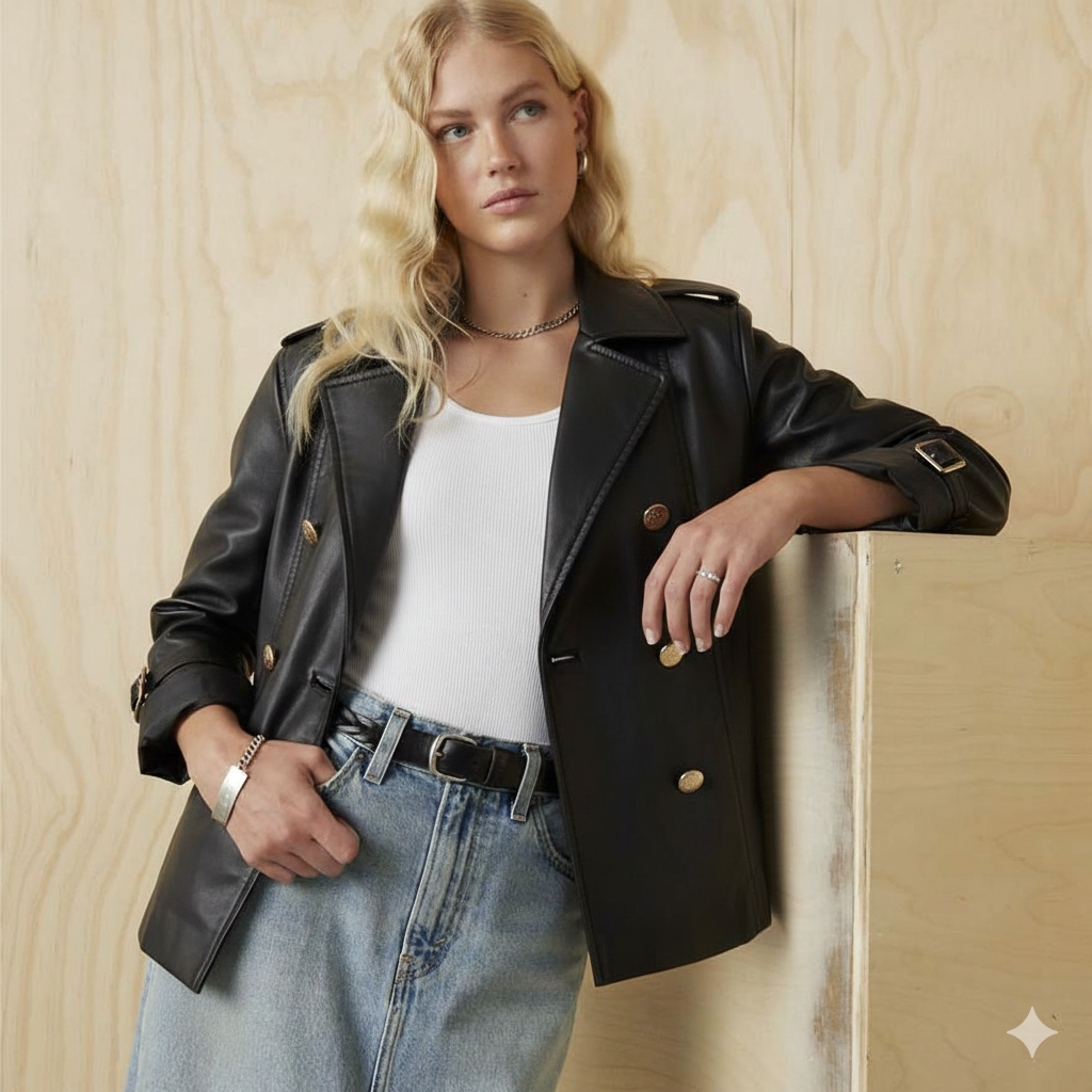 Woman in black leather jacket with gold buttons, white top, and blue jeans, leaning against wood panel