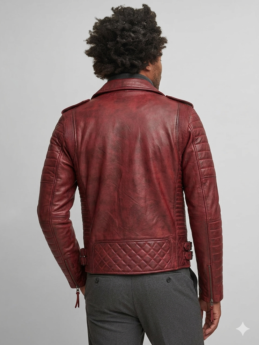 Men's burgundy leather biker jacket with quilted back and zipper details