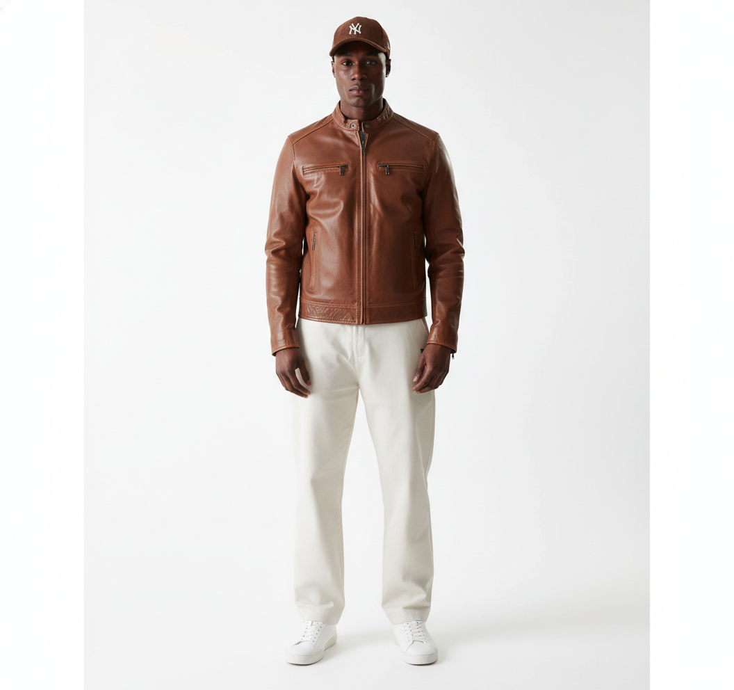 Men's brown leather jacket with zip pockets, styled with white pants and sneakers