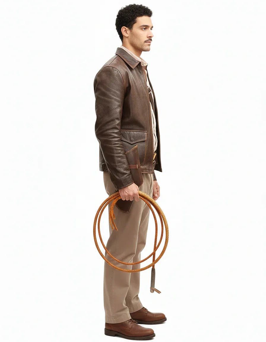 Man in brown leather jacket holding coiled rope, side profile, casual outdoor style