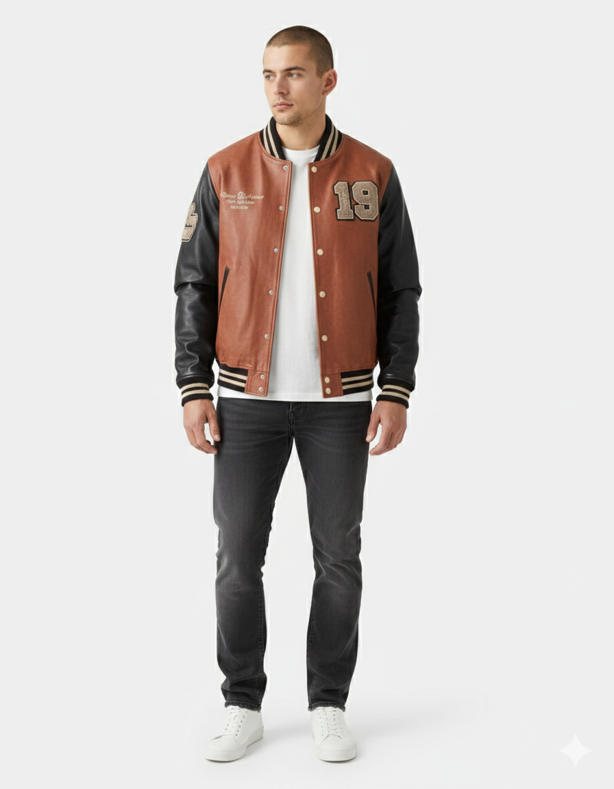 Men's brown and black varsity jacket with number 19, styled with white tee and dark jeans