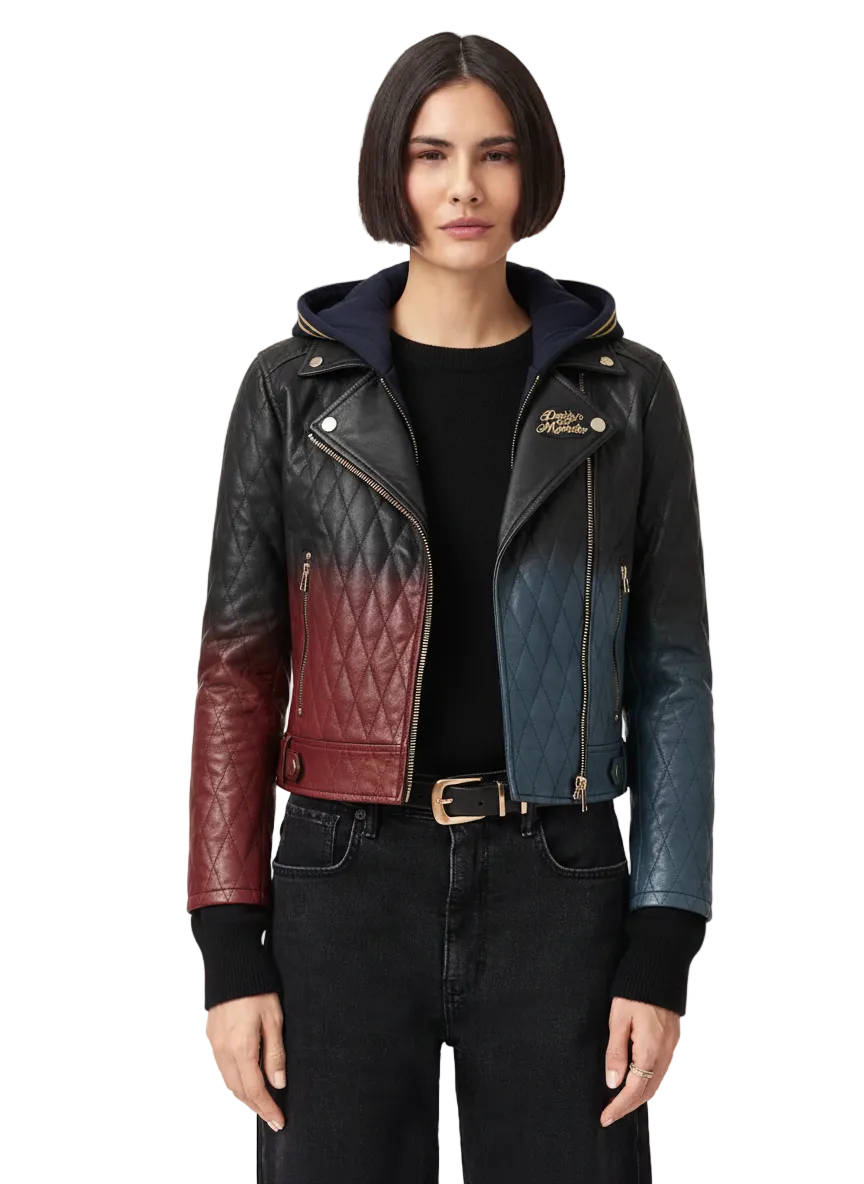 Women's quilted leather moto jacket with color-block design, hooded, zippers, and gold hardware