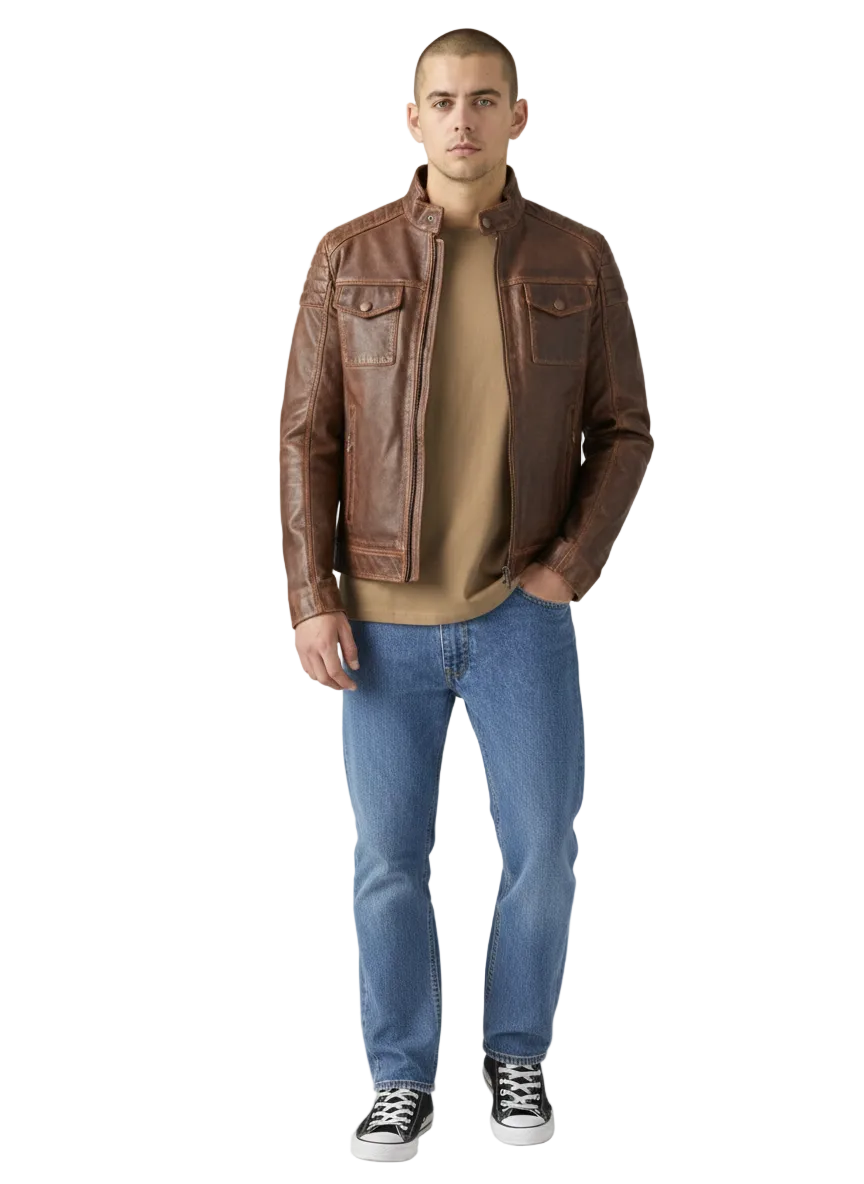 Man wearing brown leather jacket with chest pockets, blue jeans, and black sneakers
