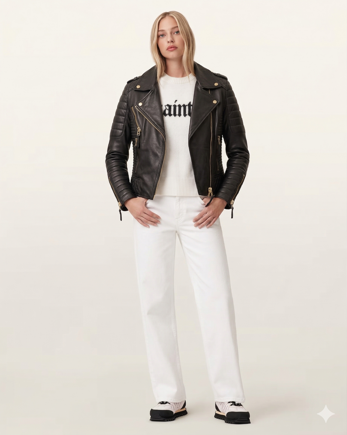 Woman in black leather biker jacket, white sweater, and white jeans, stylish casual outfit