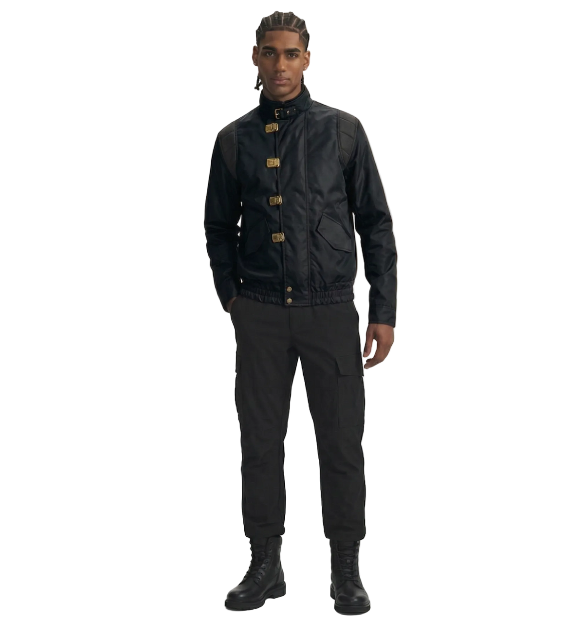 Men's black bomber jacket with gold toggles, cargo pants, and combat boots for streetwear style