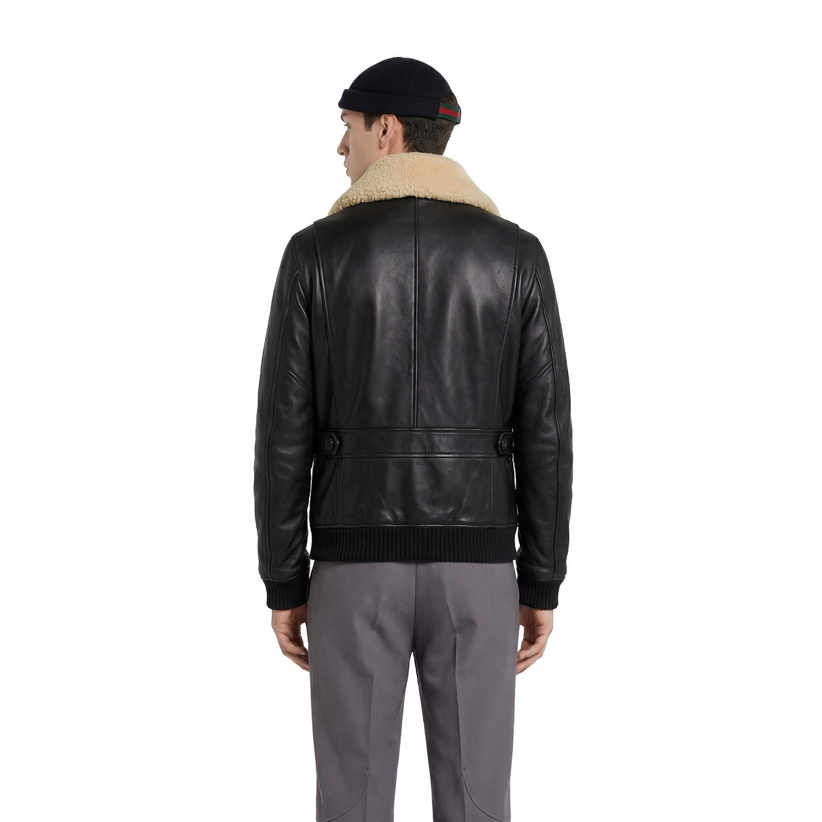 Men's black leather bomber jacket with shearling collar and ribbed cuffs, back view