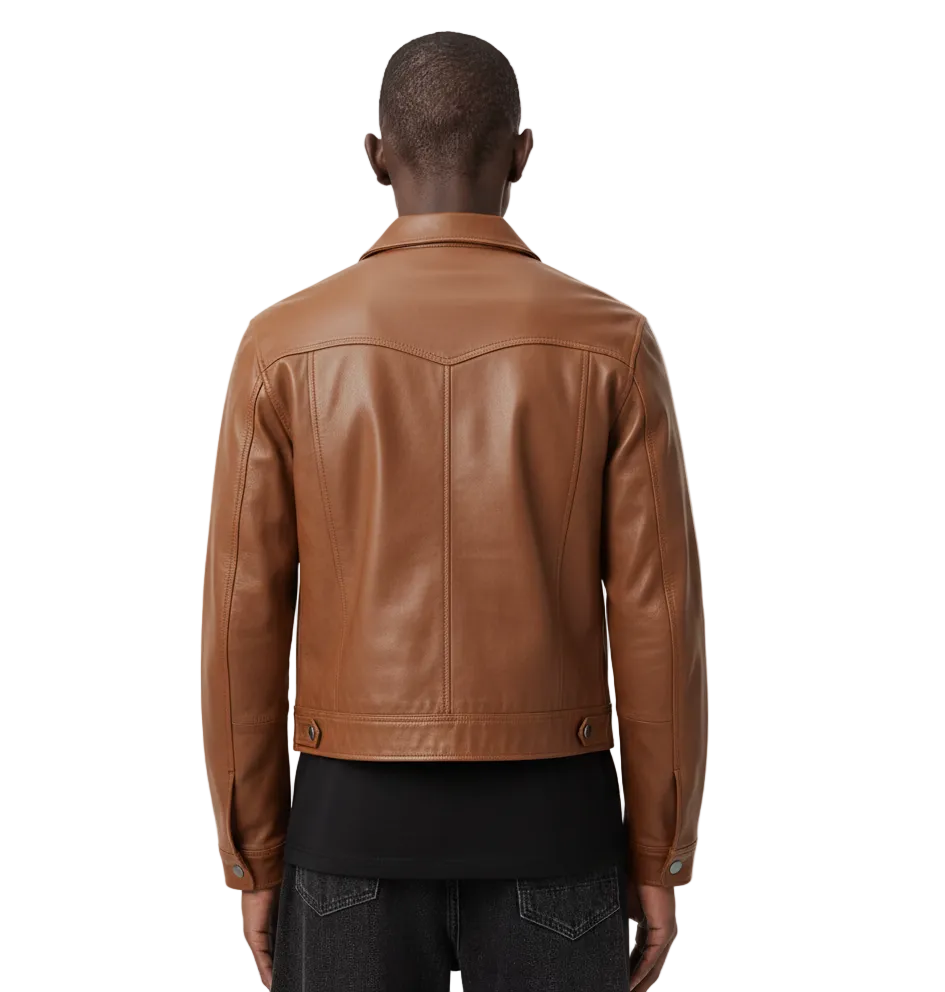 Men's brown leather jacket back view, classic fit with snap cuffs and waistband