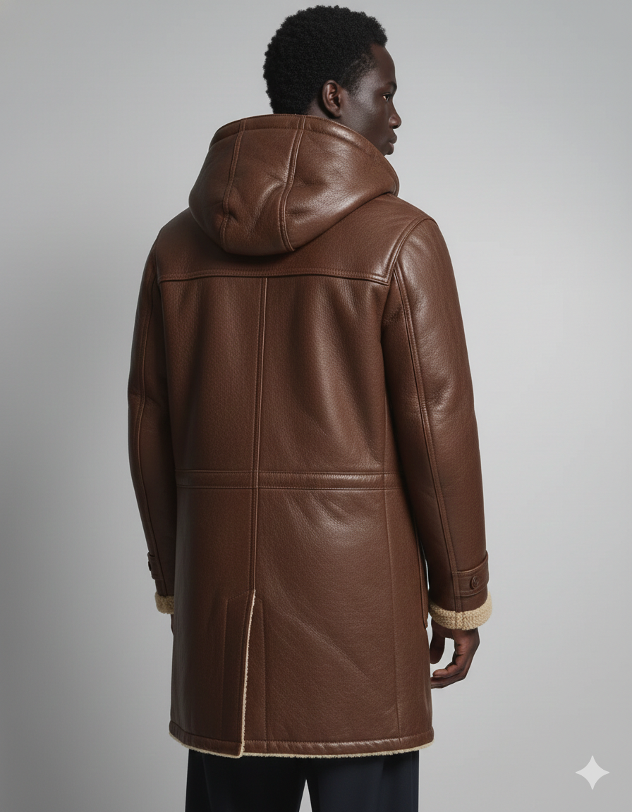 Brown hooded leather coat with shearling lining, back view on model