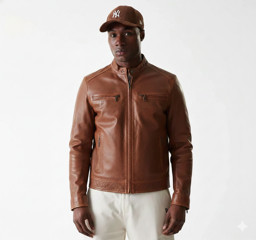 Men's brown leather jacket with zip pockets, styled with cap and white pants
