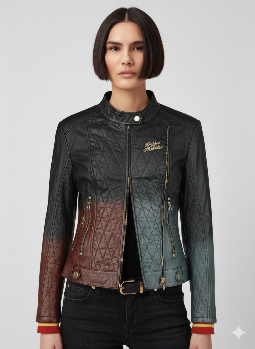 Women's quilted leather moto jacket with color-block design, gold zippers, and embroidered logo