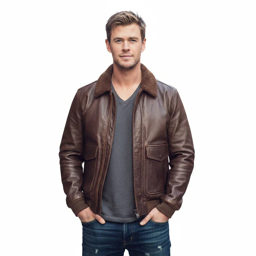 Man wearing brown leather bomber jacket with shearling collar, gray V-neck tee, and blue jeans