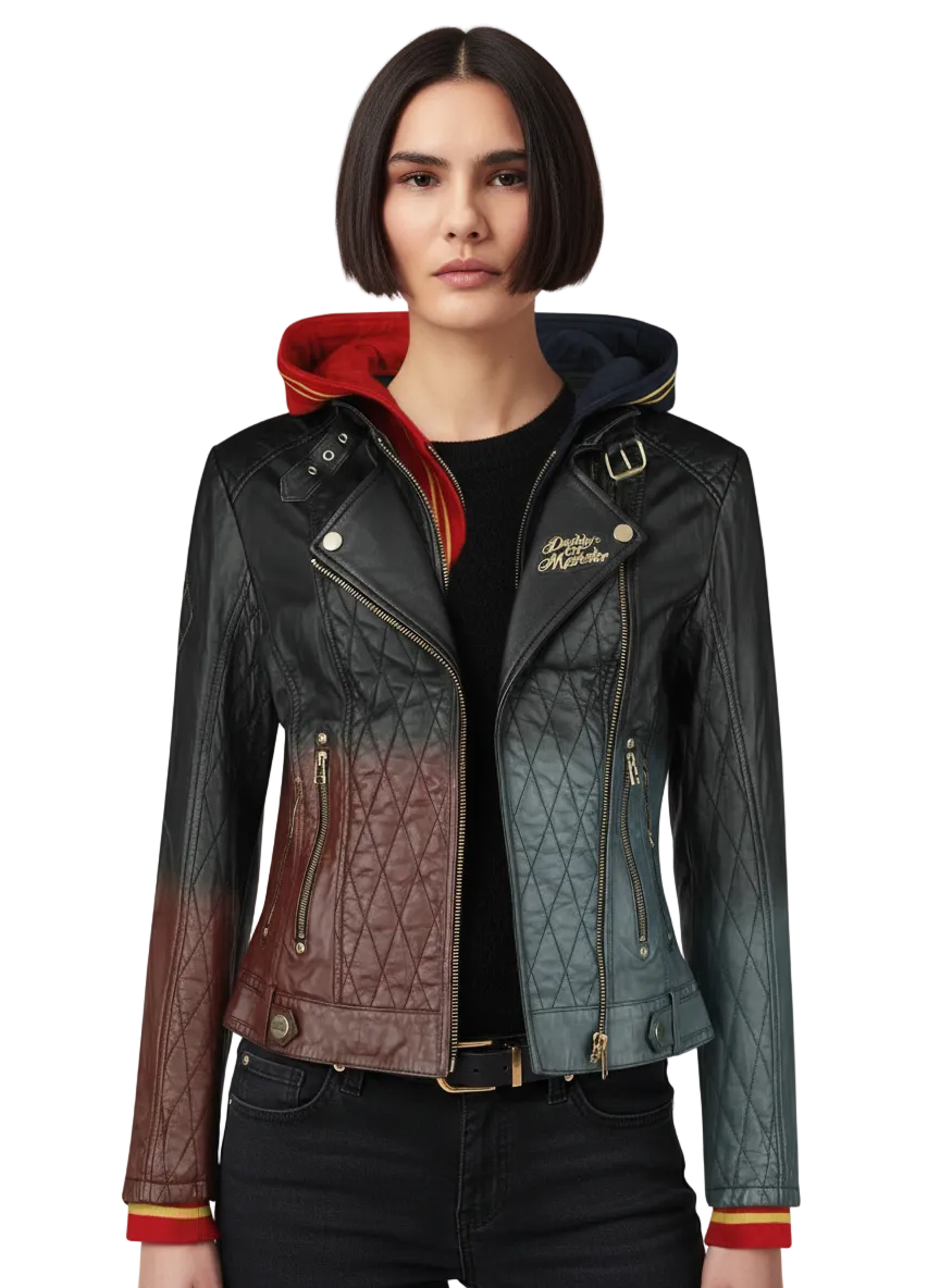 Quilted leather jacket with gradient colors and hooded design for women