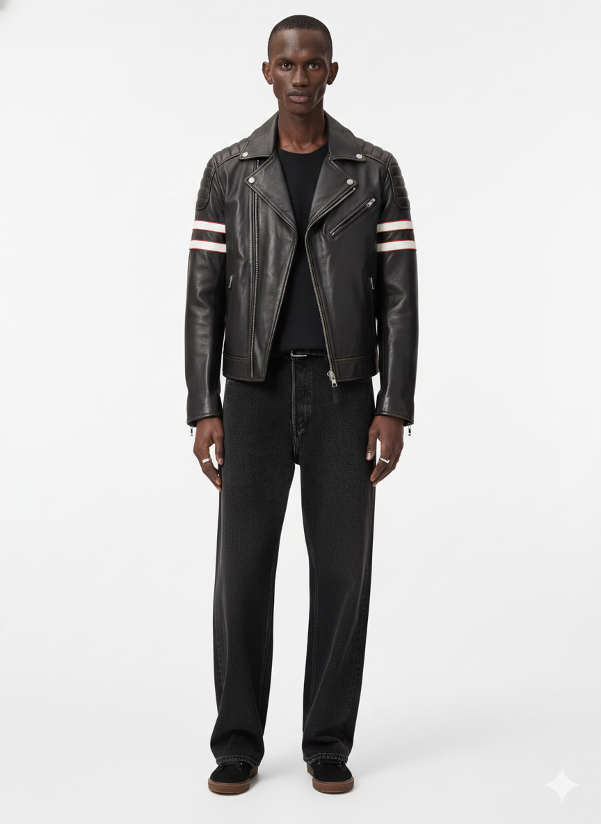 Men's black leather biker jacket with striped sleeves, paired with dark jeans and casual shoes