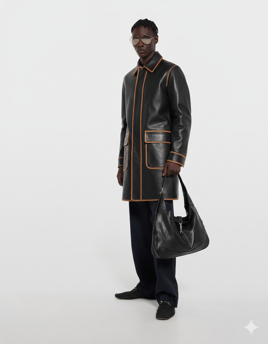 Men's black leather coat with tan trim, styled with matching bag and sunglasses for modern streetwear look
