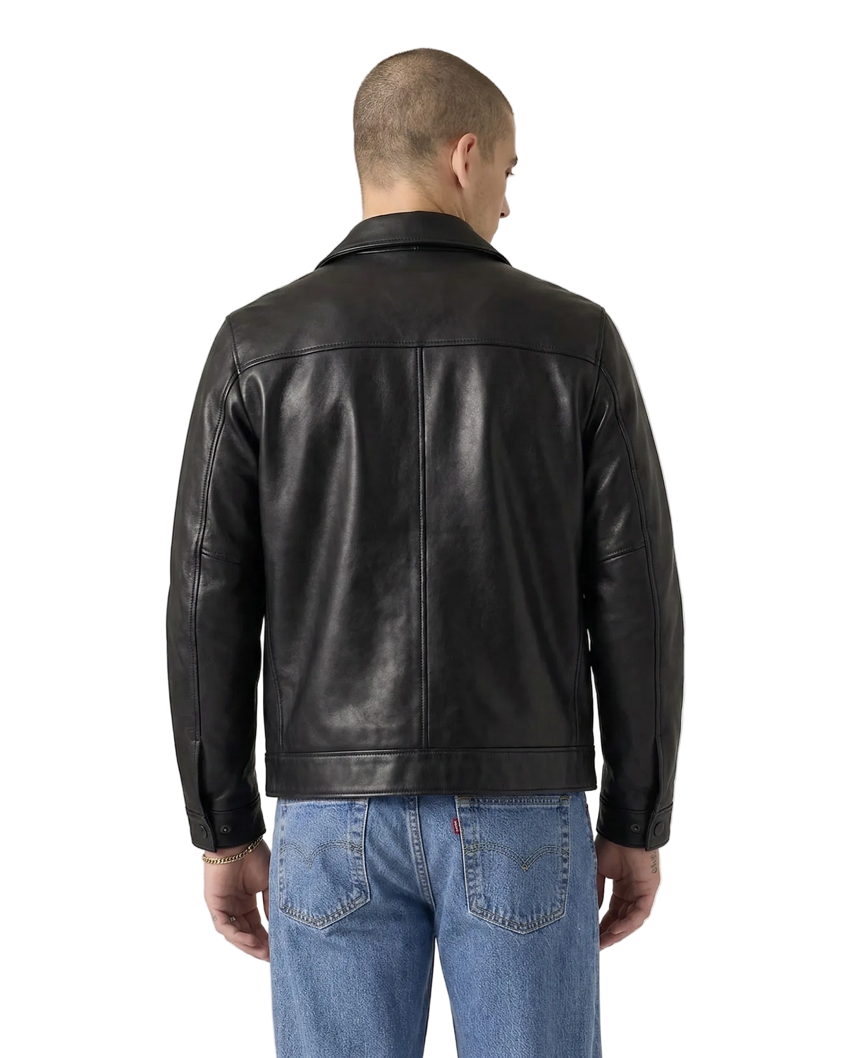 Men's black leather jacket back view with classic stitching, paired with blue jeans for casual style.