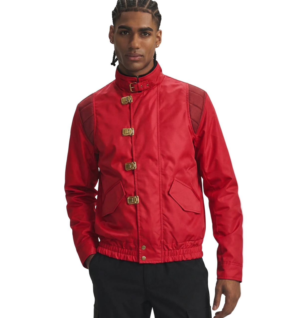 Red bomber jacket with gold buckles and quilted shoulders, stylish men's outerwear