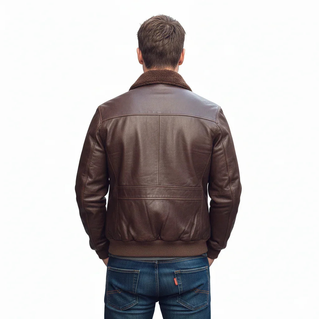 Brown leather bomber jacket with shearling collar, back view on male model