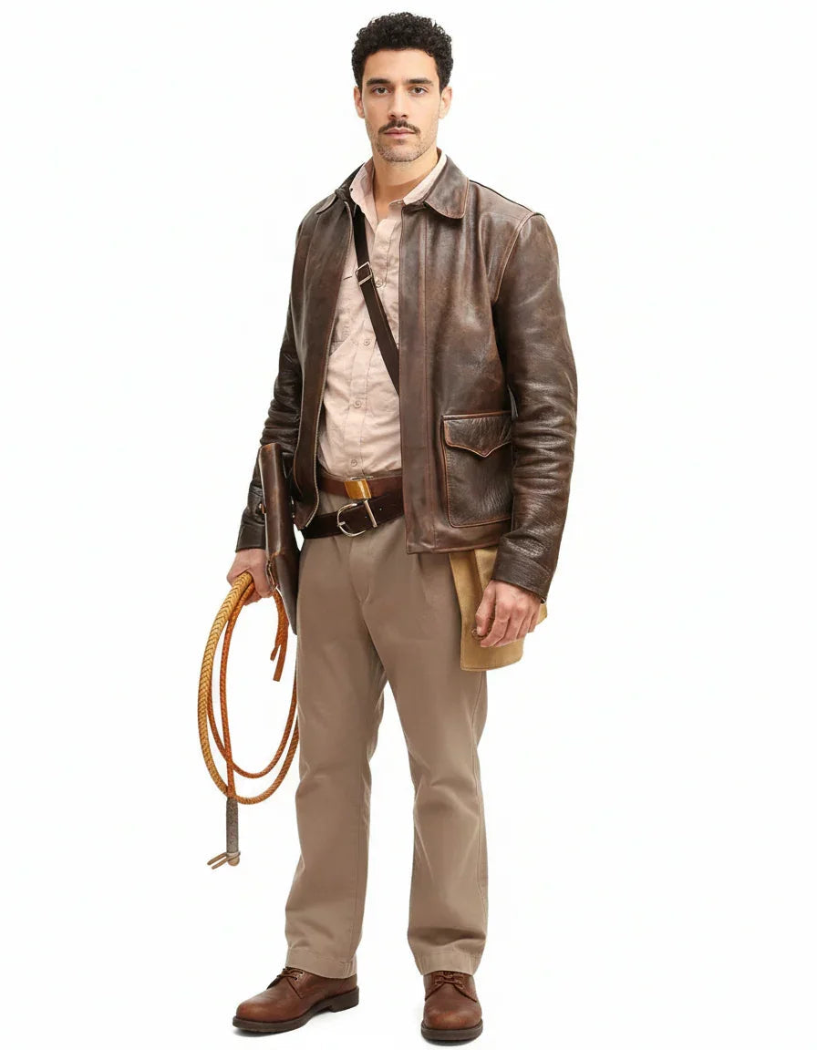 Man in vintage brown leather jacket, beige shirt, and khaki pants holding coiled rope, rugged outdoor style
