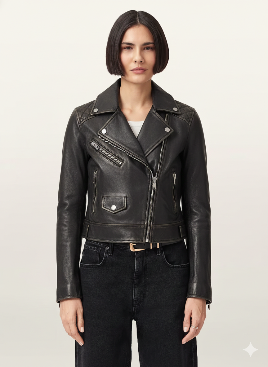 Women's black leather biker jacket with quilted shoulders and zippers, styled with dark jeans