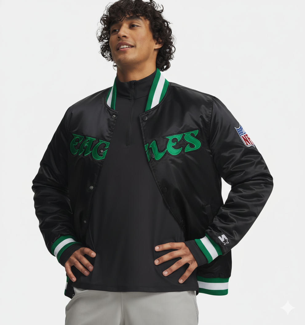 Black Eagles varsity jacket with green lettering, NFL patch, and striped cuffs for men